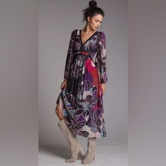 Anthropologie Let Me Be‎ Floral Midi Dress Bold Print Purple Black SIZE MEDIUM - Picture 1 of 14